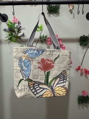 Floral Butterfly Canvas Tote Bag - Neutral with Blue & Yellow